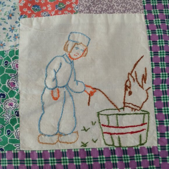 Vintage Quilt Top Unfinished Embroidered Dutch Boy Girl 42" by 48" Stained AS IS - Picture 5 of 16
